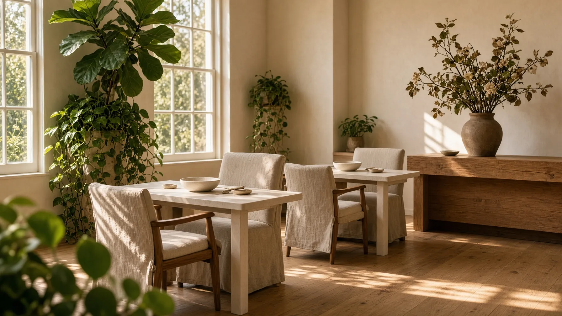 Sunlit Beauty Zone Nail Spa interior with plants, linen chairs, and a wood reception desk