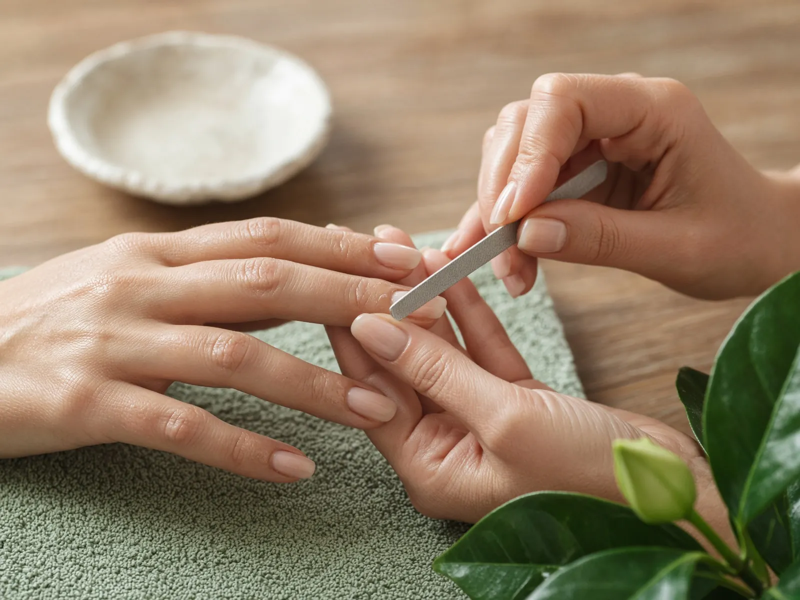 Cuticle care and nail shaping at a sunlit wood station