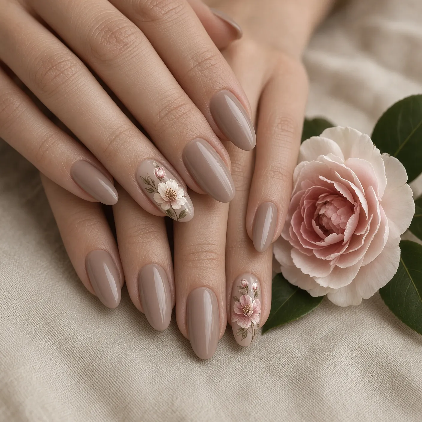 Custom floral nail art on almond nails