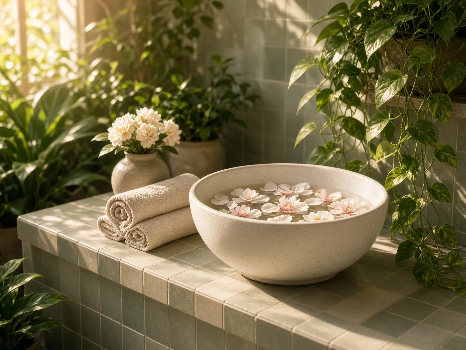 Ceramic pedicure bowl with petals and linen