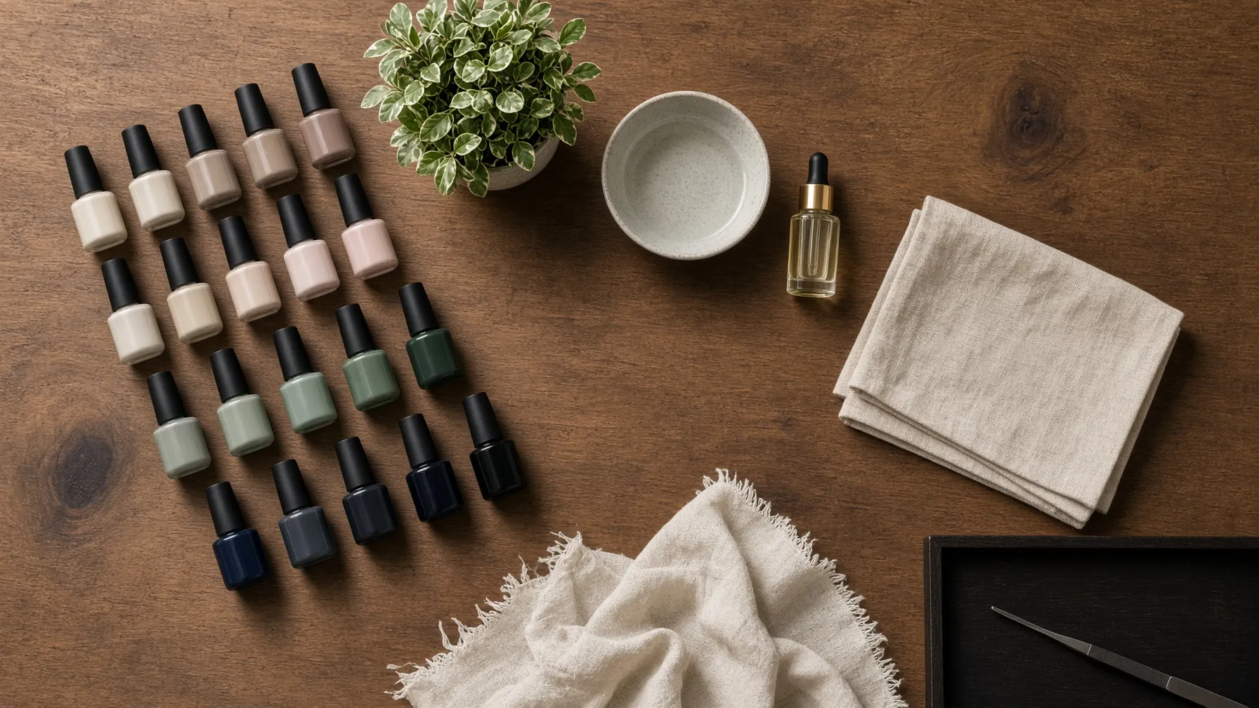 Overhead view of a tidy nail station with polish, linen, and a plant