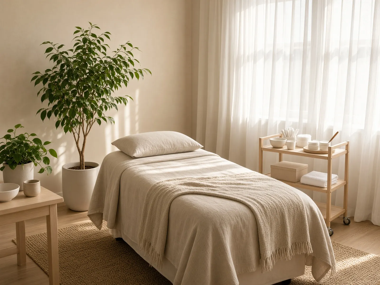 Quiet treatment room with linen and plants